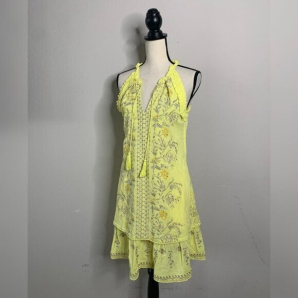 Hale Bob Yellow Embroidered Ruffle Hem Sleeveless Boho Mini Dress - Picture 4 of 13